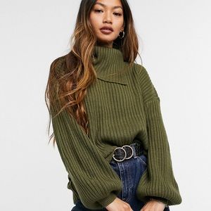 M Lounge Relaxed Sweater with Split Collar and Balloon Sleeves